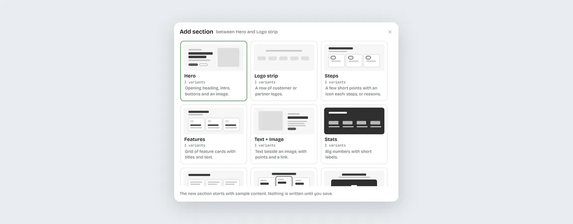 The Add section picker: a wireframe, the variant count and a line for each section type